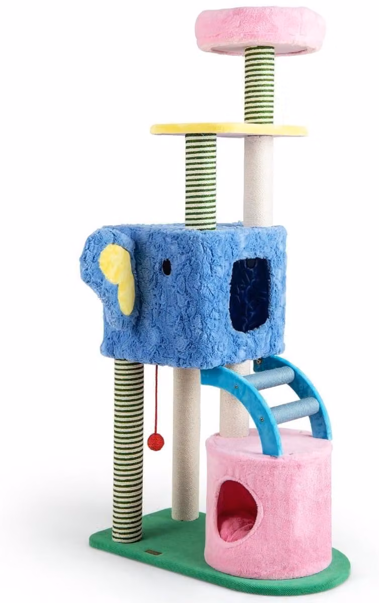 Rascador para gatos Northix con diseño de elefante, 2 cuevas, juguetes integrados y acabado multicolor en madera y felpa