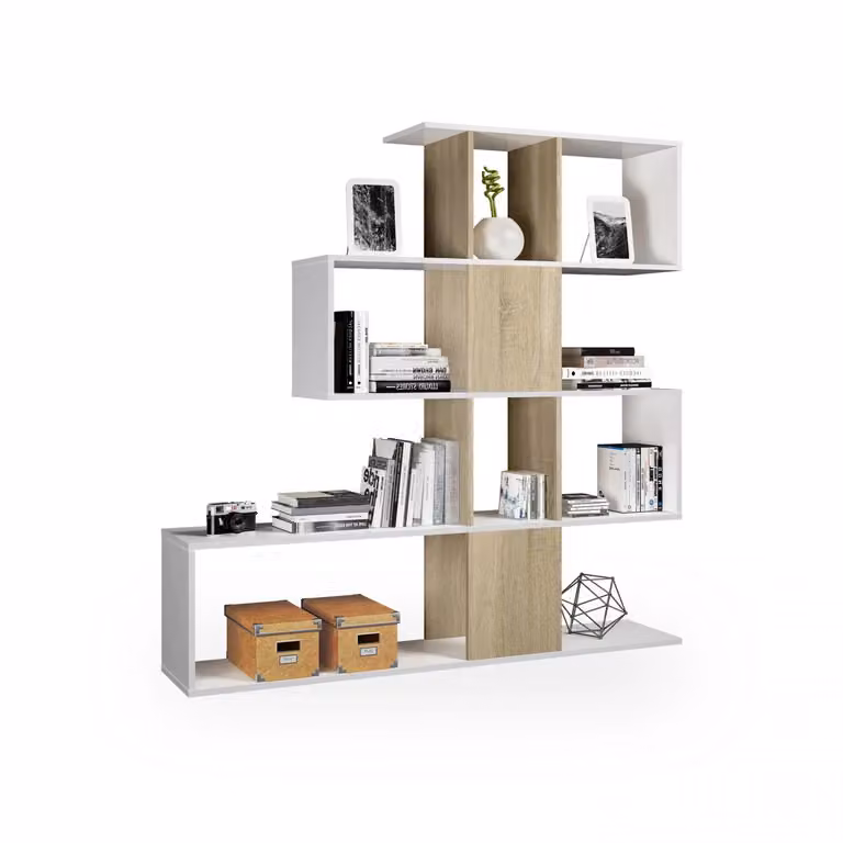 Estantería de diseño modular Domi en blanco mate y roble canadian, An/P/Al: 145 x 28 x 145 cm