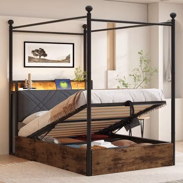 Cama Individual Multifuncional Kellany de Hierro Negro con Almacenamiento Hidráulico, Dosel y Postes con Iluminación LED y USB, An/P/Al: 90 x 190 x 120 cm