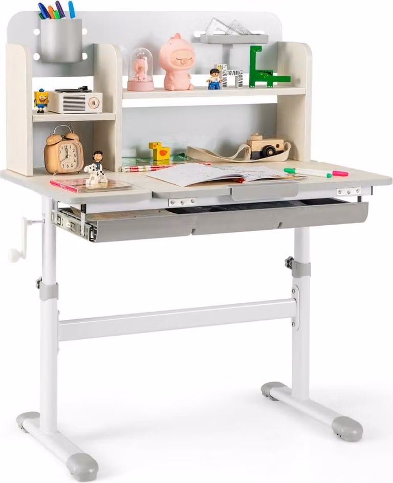 Escritorio infantil Northix ajustable con superficie abatible y estanterías en blanco o gris
