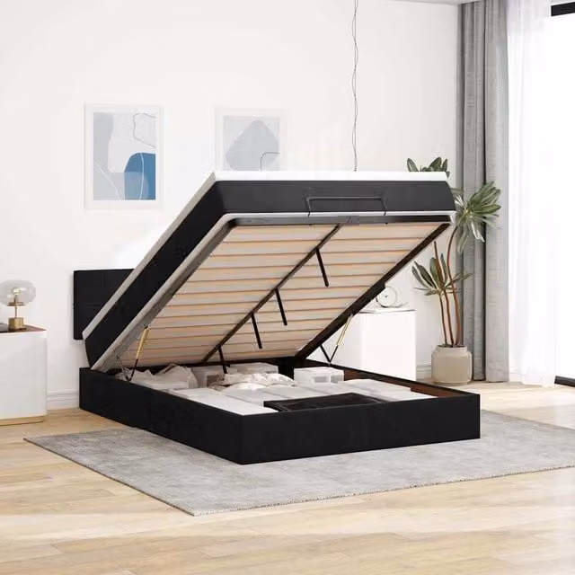 Estructura de cama otomana con base abatible Maison Exclusive en terciopelo negro, An/P/Al: 140 x 200 x 28 cm