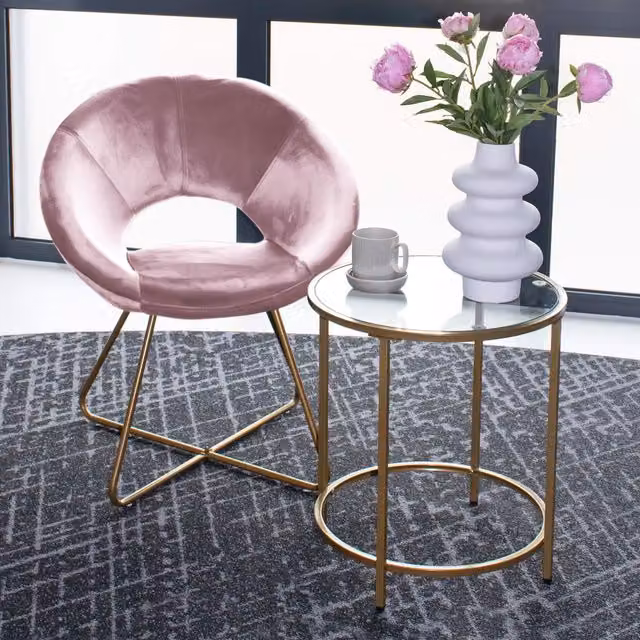 Silla de terciopelo con mesa auxiliar SELESA Home Deluxe en color rosa y estructura de metal para salón o comedor