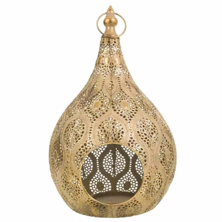 Portavelas colgante Wanderlust deco de metal y cristal con diseño floral moroccan en color gold, An/P/Al: 25,5 x 40,5 x 25,5 cm