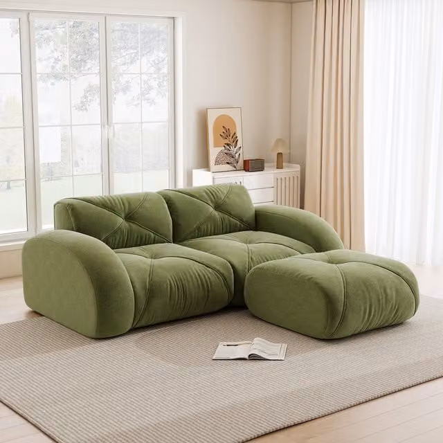 Sofá Modular de 2 Plazas KELLANY con Otomana, Diseño en L y Tejido de Chenilla, Color Verde