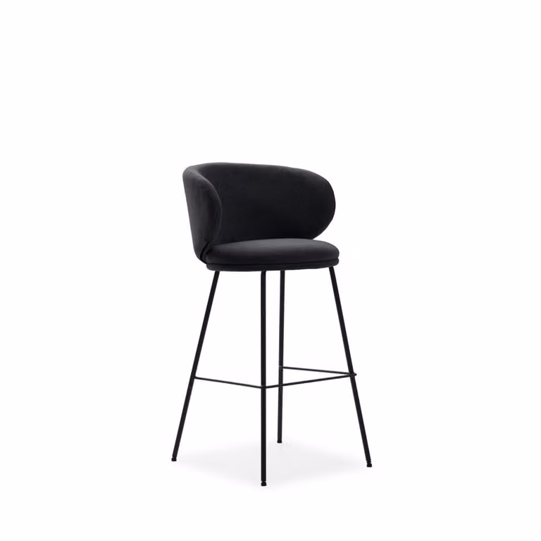 Lote de 2 taburetes de bar modernos de tela y metal en color gris oscuro y negro, Altura: 65 cm