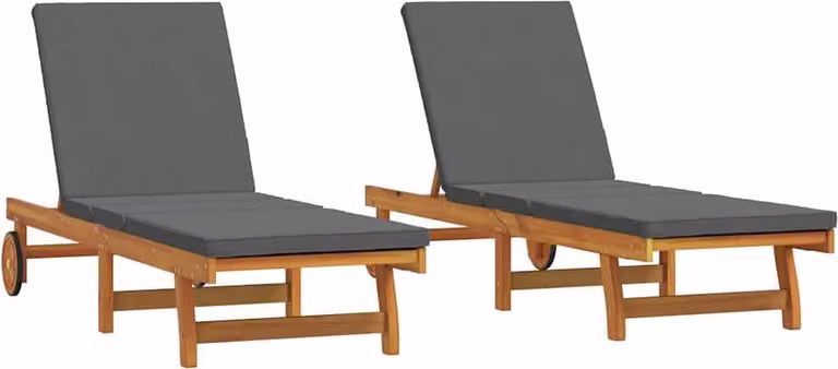 Set de 2 tumbonas Syfax de madera de acacia con reposacabezas ajustable y ruedas, color marrón y gris, An/P/Al: 220 x 65 x 84 cm