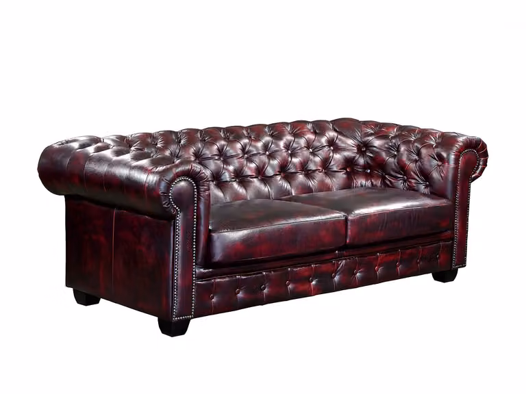 Sofá Chesterfield de 3 plazas VENTE-UNIQUE BRENTON en piel de búfalo color rojo, An/P/Al: 201 x 96 x 73 cm