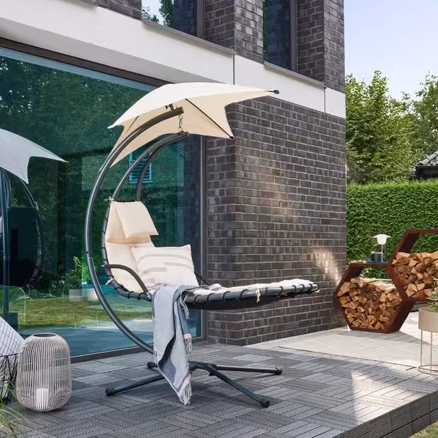 Tumbona suspendida con toldo SAN REMO de Home Deluxe en antracita y beige con cojines incluidos para exterior