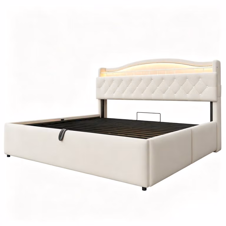 Cama arcón MODFU para adultos de 180 x 200 cm con almacenamiento hidráulico, iluminación LED bajo la cama, puerto de carga USB, somier metálico y tapizado en terciopelo beige