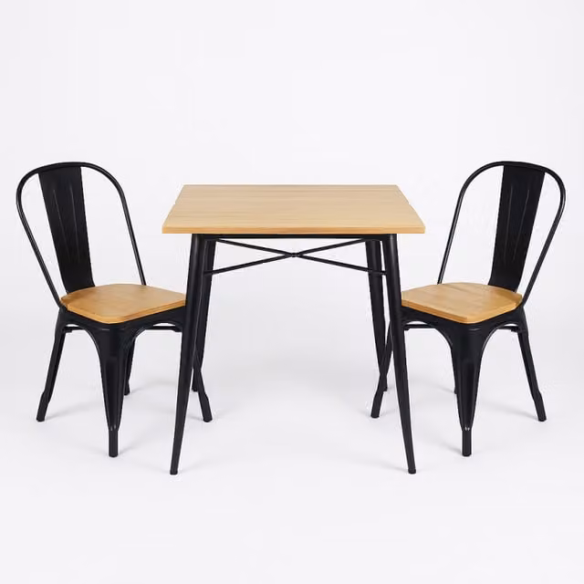 Conjunto de mesa y sillas Kosmi de estilo industrial en metal negro mate y madera natural, An/P/Al: 80 x 80 x 76 cm