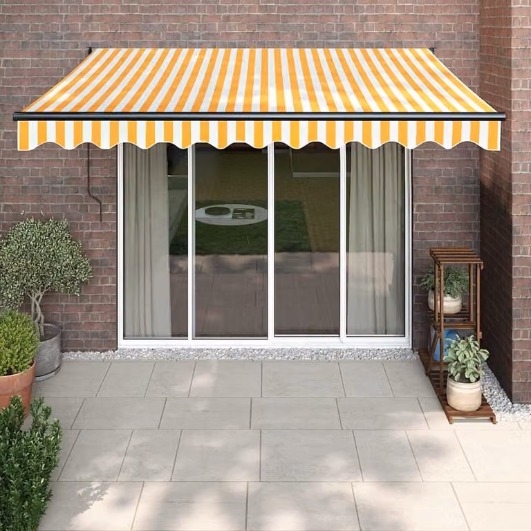 Toldo retráctil Prolenta con brazos plegables en amarillo y blanco, fabricado en aluminio y poliéster, An/P/Al: 300 x 250 cm