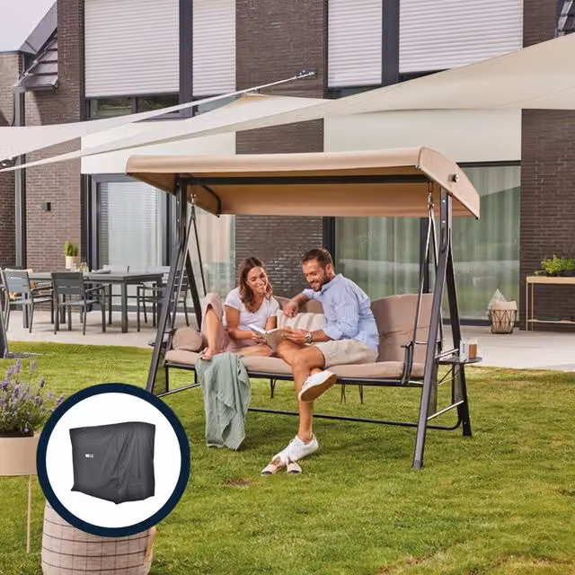 Columpio Hollywood Home Deluxe de 3 plazas con toldo y funda protectora, color beige, An/P/Al: 115 x 198 cm