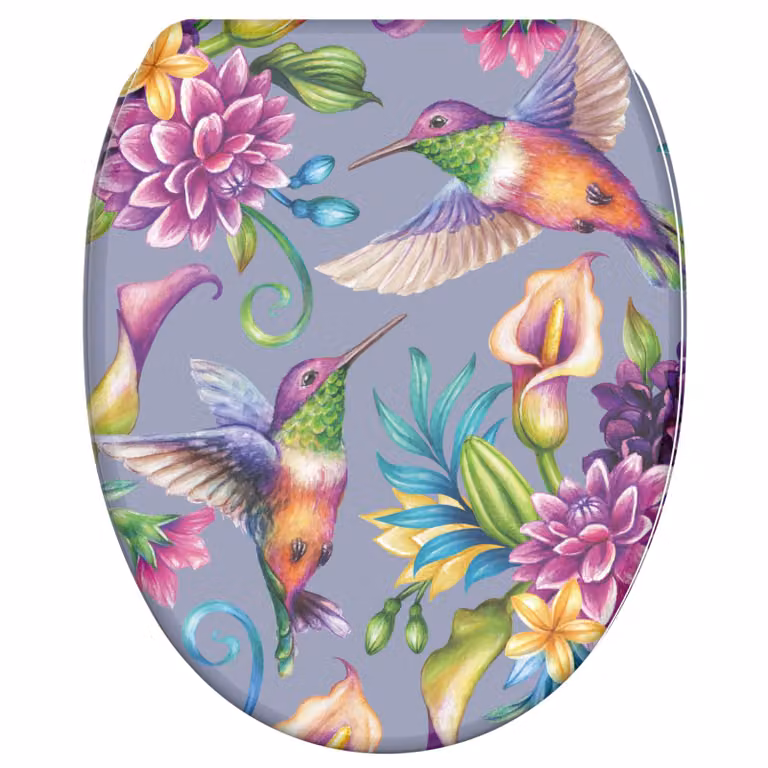 Asiento de inodoro ovalado SANILO Kolibri con sistema de cierre suave, fijación rápida y acabado mate en madera color morado
