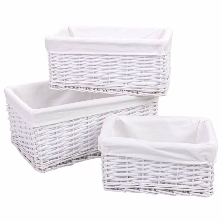 Set de 3 cestos de mimbre blanco Wanderlust con asas y tejido abierto para baño, An/P/Al: 40 x 28 x 18 cm, 35 x 23 x 16 cm y 28 x 18 x 14 cm