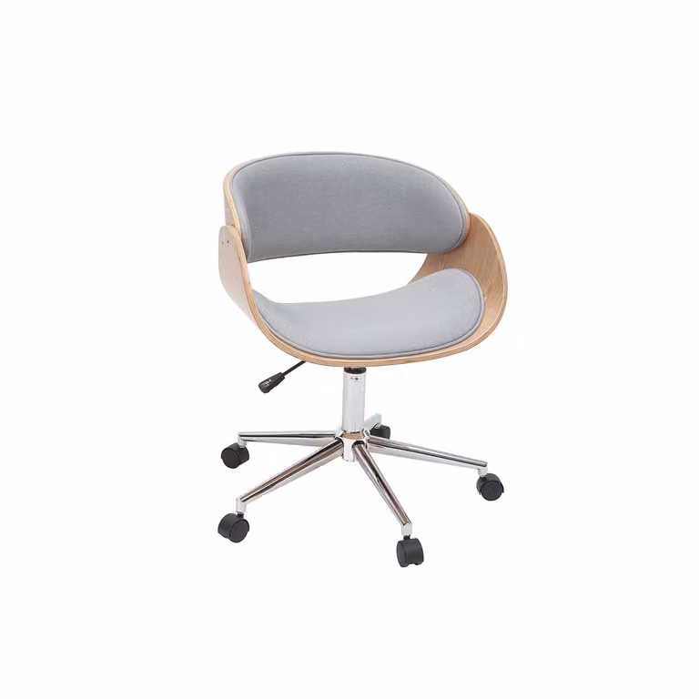 Silla de oficina Miliboo moderna con ruedas, tejido gris y madera clara, altura regulable y giratoria