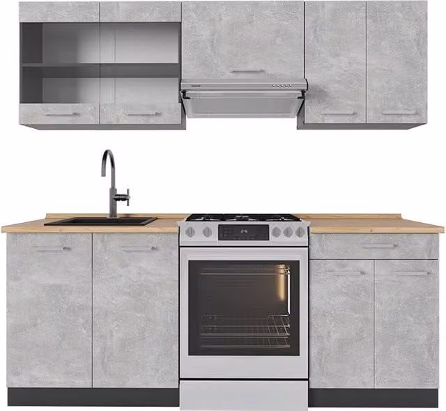 Mueble de cocina Vicco R-Line de diseño moderno en color gris antracita con puertas de cristal y estantes internos, Ancho: 200 cm