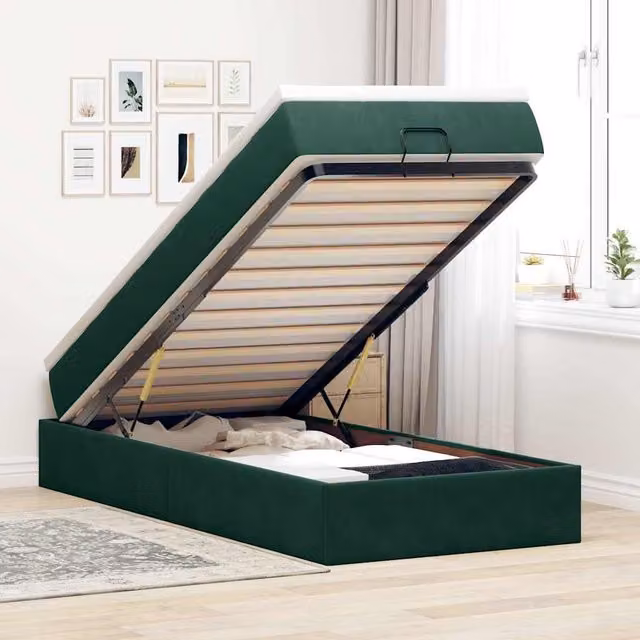 Estructura de cama otomana Maison exclusive con base abatible en terciopelo verde oscuro, An/P/Al: 90 x 193 x 23.5 cm