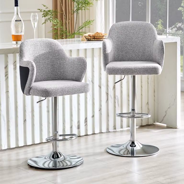 Set de 2 sillas de bar OKWISH ajustables con giro de 360 grados y reposapiés, tapizadas en tejido gris claro con estructura de metal