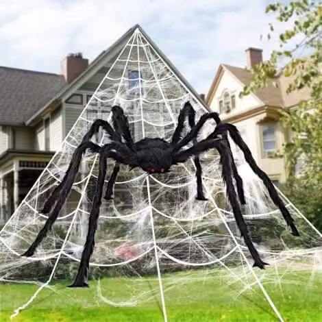 Conjunto de telarañas gigantes para Halloween SNQ con araña de 1,5 m, telaraña de 7 x 5,5 m y telaraña elástica de 100 g en color negro para decoración de exteriores
