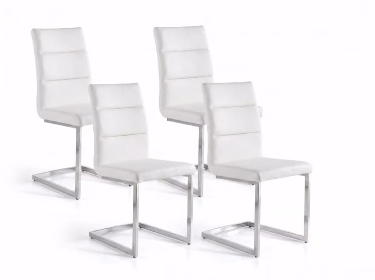 Set de 4 sillas de comedor Pondecor modernas en color blanco con estructura de metal y acabado en piel sintética An/P/Al: 45 x 59 x 98 cm