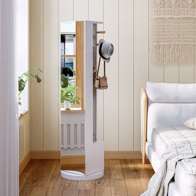 Perchero giratorio 360 grados SOLKVUNZA con espejo de cuerpo entero y 2 cajones de almacenamiento en madera blanca, An/P/Al: 45 x 35 x 160 cm