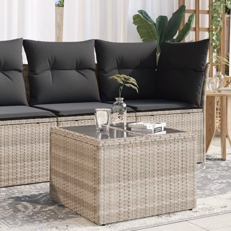 Mesa de jardín Syfax de ratán con superficie de vidrio en color gris, An/P/Al: 55 x 55 x 37 cm