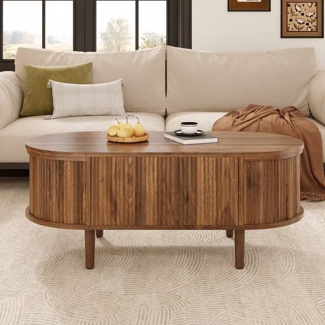 Mesa Baja Ovalada OKWISH con Bandeja Elevable y Almacenamiento, Patas de Madera Maciza, Color Nogal, An: 100 cm, P: 48 cm, Al: 53.5 cm