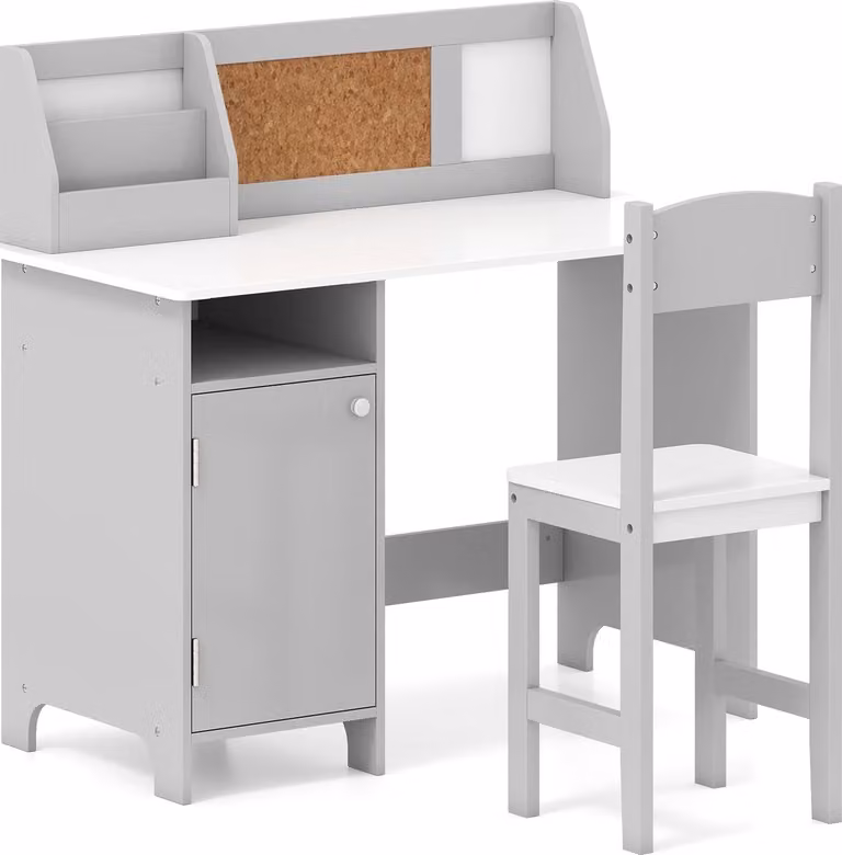 Juego de escritorio infantil Northix con silla, estantería y armario en madera de pino y MDF color gris mate