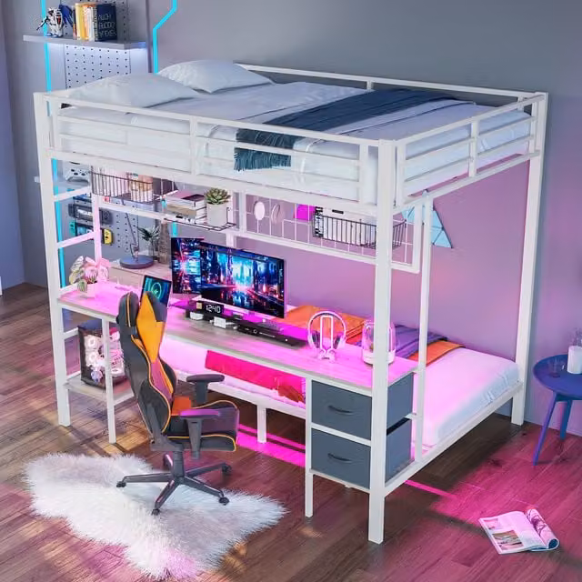 Cama alta MODENVIE de 140x200 cm con escritorio, cajones, estantes, iluminación LED y puerto USB en color blanco