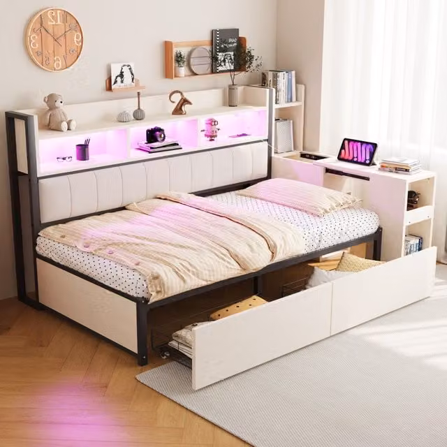 Cama infantil DREAMMESPACE con escritorio, cajones, iluminación LED y puerto USB en color blanco y marrón, An/P/Al: 90 x 200 x 113 cm