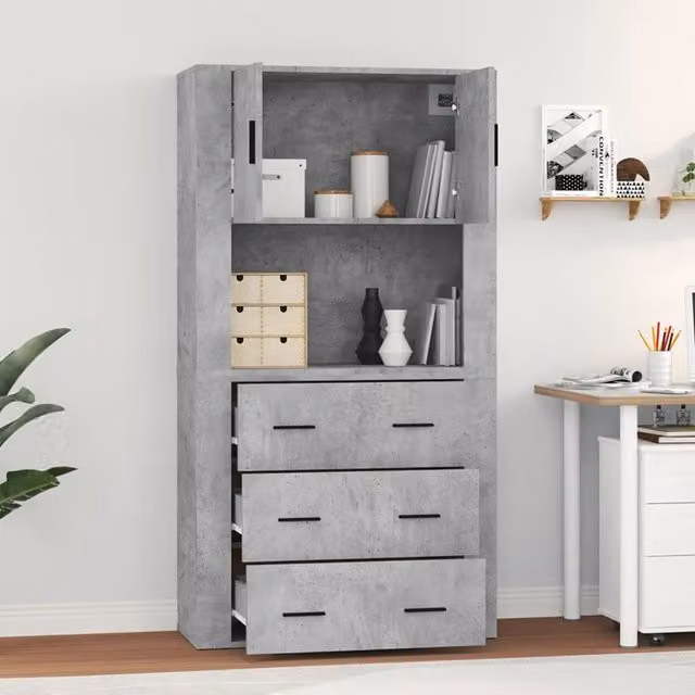 Aparador alto SYFAX de madera y MDF en color gris con acabado mate y diseño moderno de pared