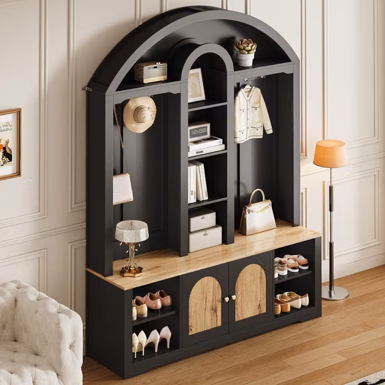 Mueble de entrada STILVORA de estilo nórdico en color negro mate con puertas, estantes, ganchos e iluminación LED integrada, An/P/Al: 150 x 40 x 195 cm