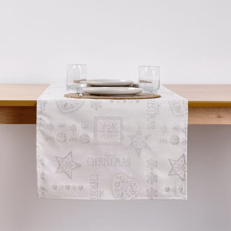 Camino de mesa de Navidad Muare Home en jacquard de algodón con hilo plateado, An/P: 45 x 140 cm