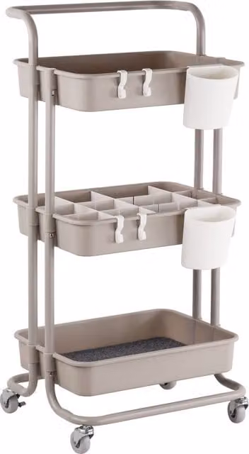 Carrito de servicio relaxdays de 3 niveles con ruedas en color beige, An/P/Al: 43 x 36 x 86 cm