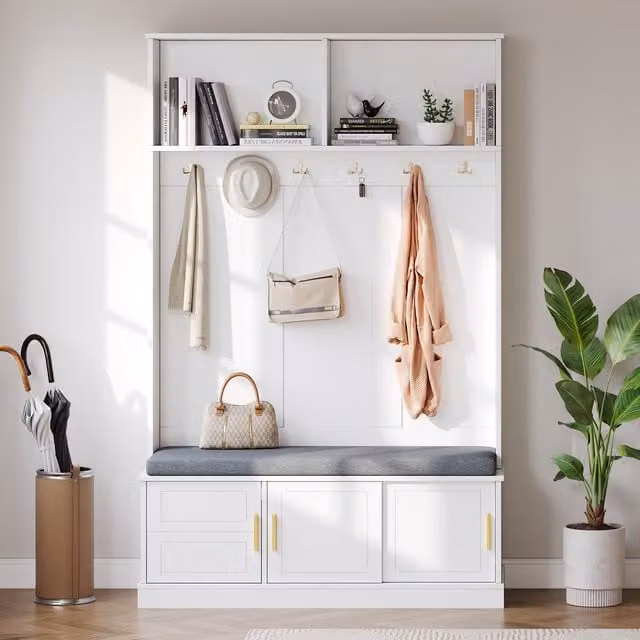 Mueble de entrada moderno DREAMMESPACE con zapatero, perchero y 6 ganchos triples, color blanco, An/P/Al: 120 x 40 x 191 cm