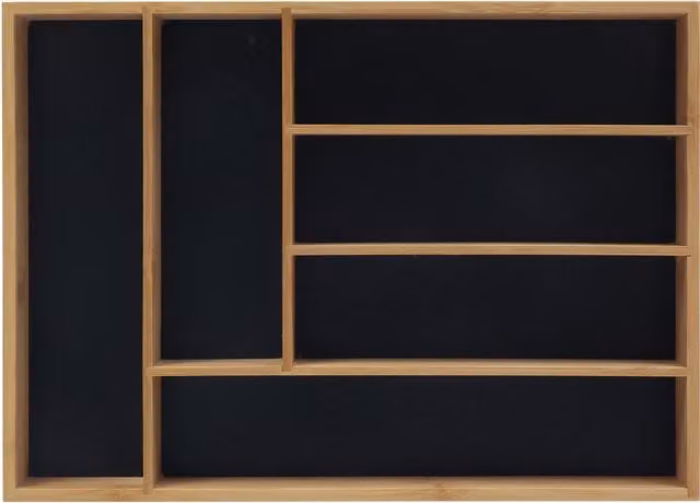 Bandeja de cubiertos para cajón de cocina con 6 compartimentos de relaxdays, fabricada en bambú y MDF, color natural y negro, An/P/Al: 35,5 x 25,5 x 5 cm