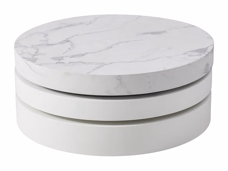 Mesa de centro redonda giratoria Janita con efecto mármol blanco y lacado blanco en MDF, An/P/Al: 80 x 80 x 40 cm