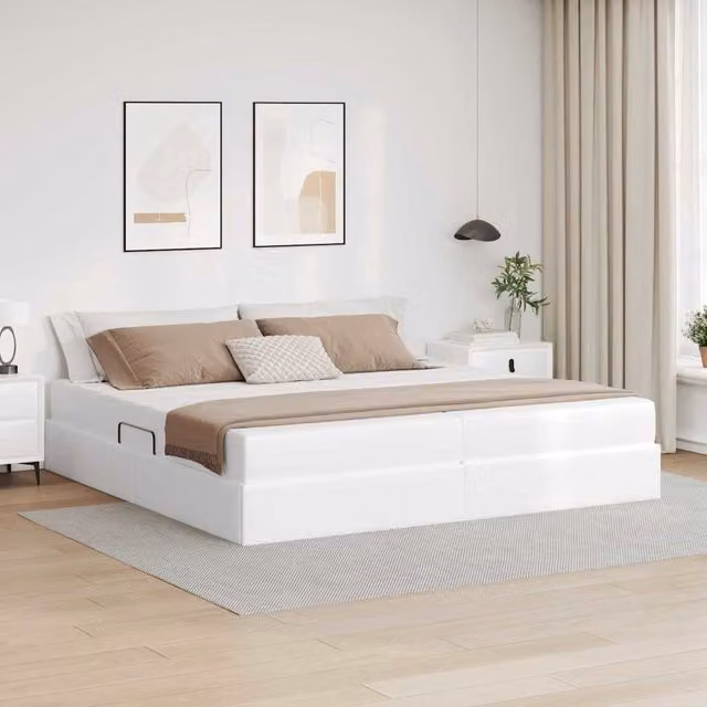 Cama con almacenamiento y 2 colchones híbridos Maison Exclusive en piel sintética, An/P/Al: 200 x 200 x 23,5 cm