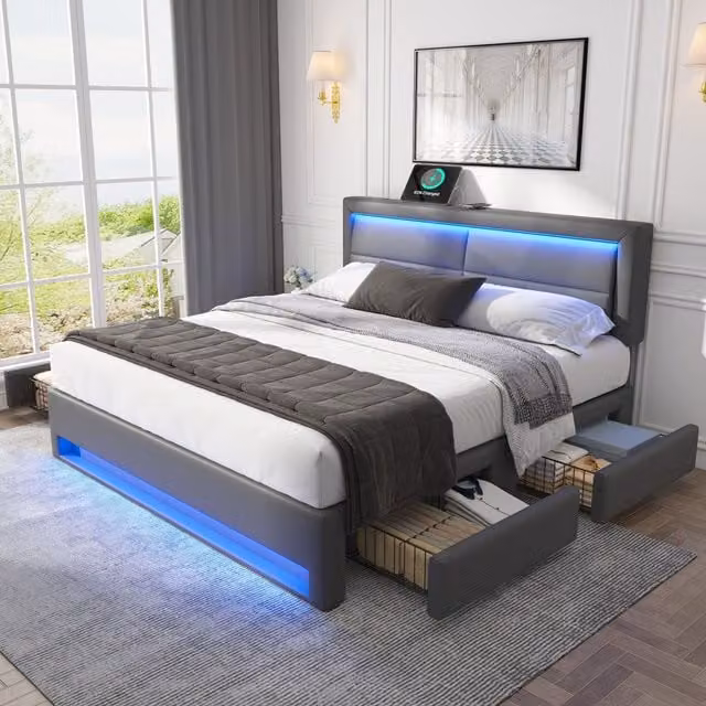 Cama doble OKWISH tapizada en imitación piel gris con 4 cajones, puerto USB e iluminación LED, An/P: 140 x 190 cm