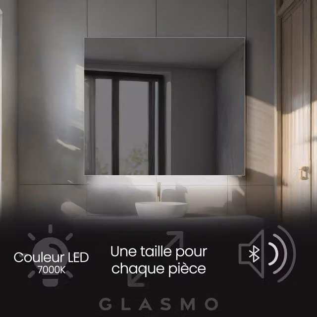 Espejo con iluminación LED para baño Ivy de ARTFORMA con altavoz Bluetooth y luz blanca fría 7000K, An: 160 cm, Al: 80 cm