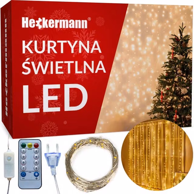 Guirnalda LED de cortina Heckermann con 300 luces de color blanco cálido y mando a distancia, 3 x 3 m
