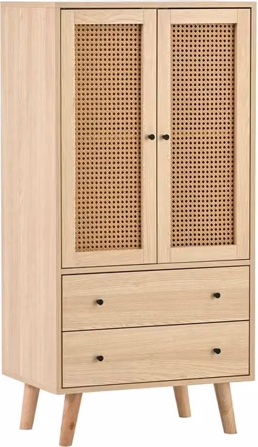 Aparador de madera multifuncional Aosom España con puertas de ratán y cajones, color roble, An/P/Al: 60 x 40 x 120 cm