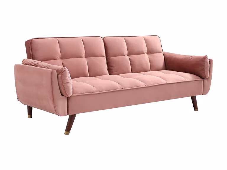 Sofá cama de 3 plazas GULCAN en terciopelo rosa con estructura de madera y reposacabezas ajustable