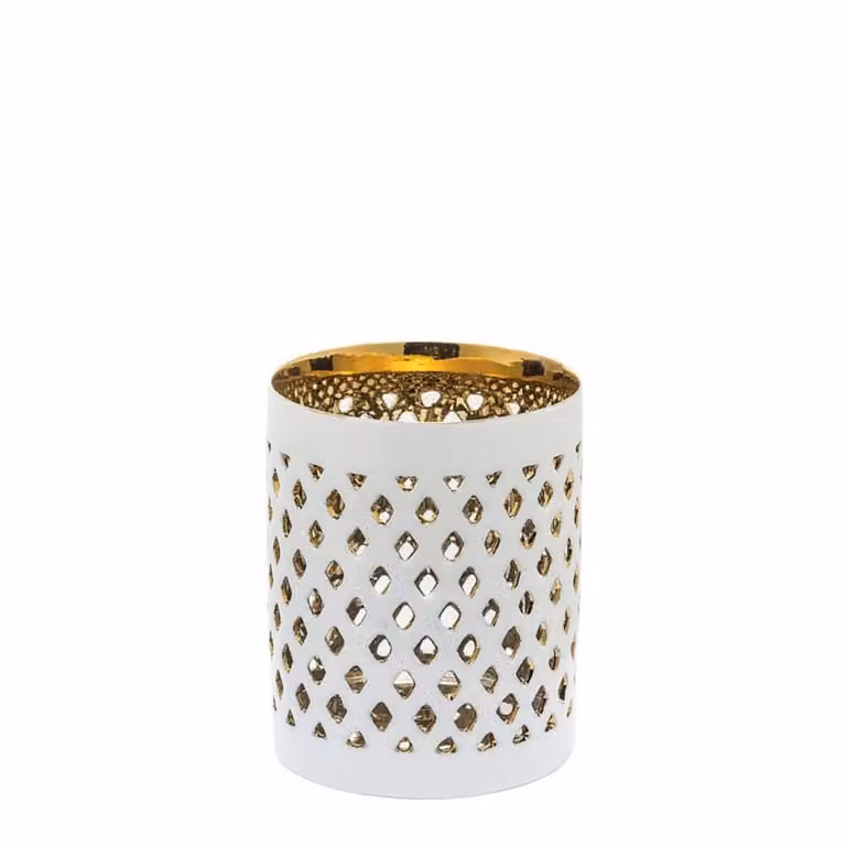 Portavelas de mesa Sia Deco en vidrio blanco y dorado con diseño geométrico redondo para tealight, Altura: 7 cm