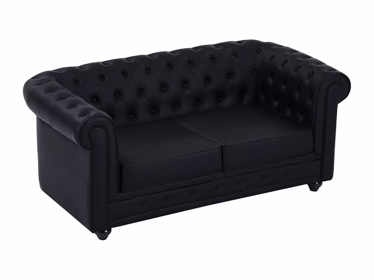 Sofá Chesterfield de 2 plazas VENTE-UNIQUE en piel sintética negro con estructura de madera sólida y fundas extraíbles An/P/Al: 165 x 88 x 72 cm