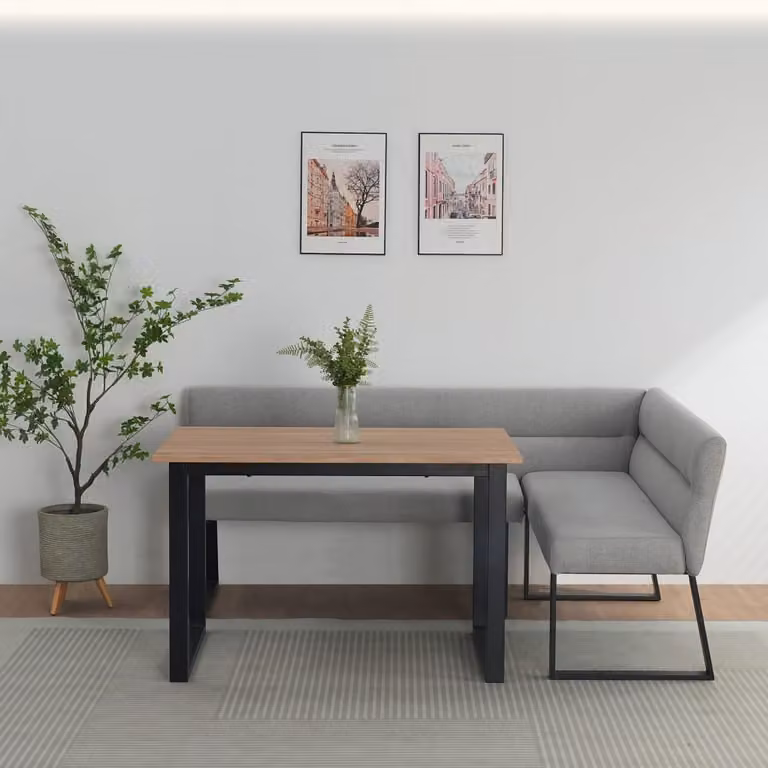 Banco esquinero moderno Loft24 en tejido gris con patas de metal negro para comedor