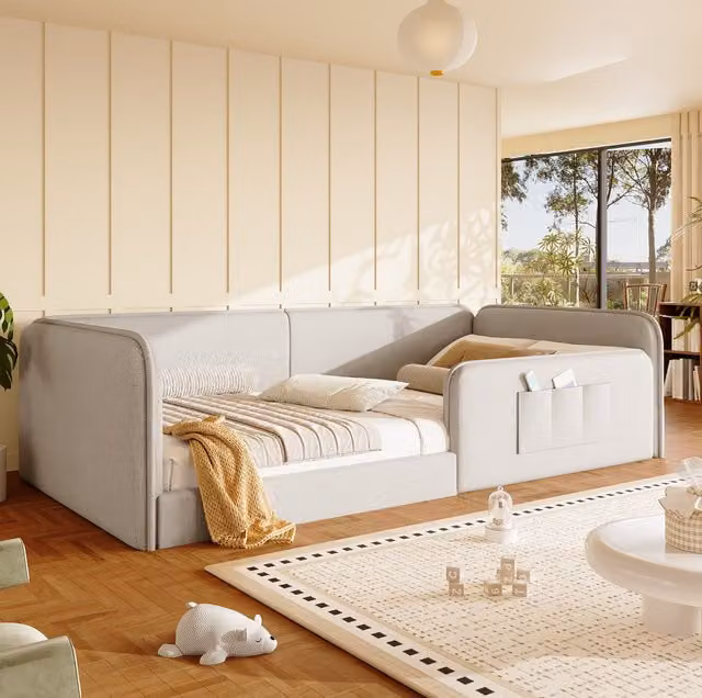 Cama plataforma OKWISH de lino beige con marco acolchado, bolsillos laterales y estante para mesita de noche, An/P/Al: 90 x 200 x 55 cm