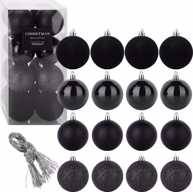Set de 16 bolas de Navidad clásicas NORTHIX de color negro, resistentes a roturas, redondas y de 8 cm