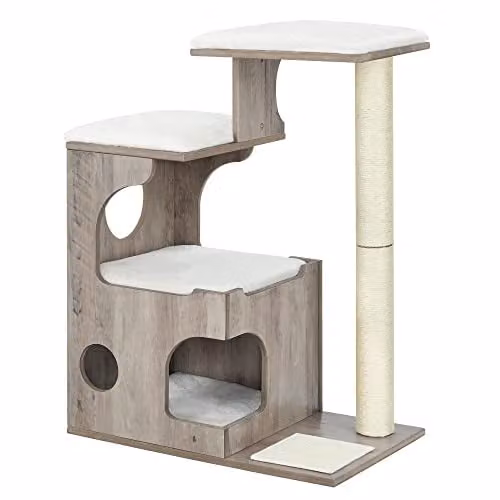 Árbol de gatos Feandrea con cueva, 3 camas y juguetes integrados, poste de sisal y fundas lavables, color beige y blanco, Altura: 86 cm