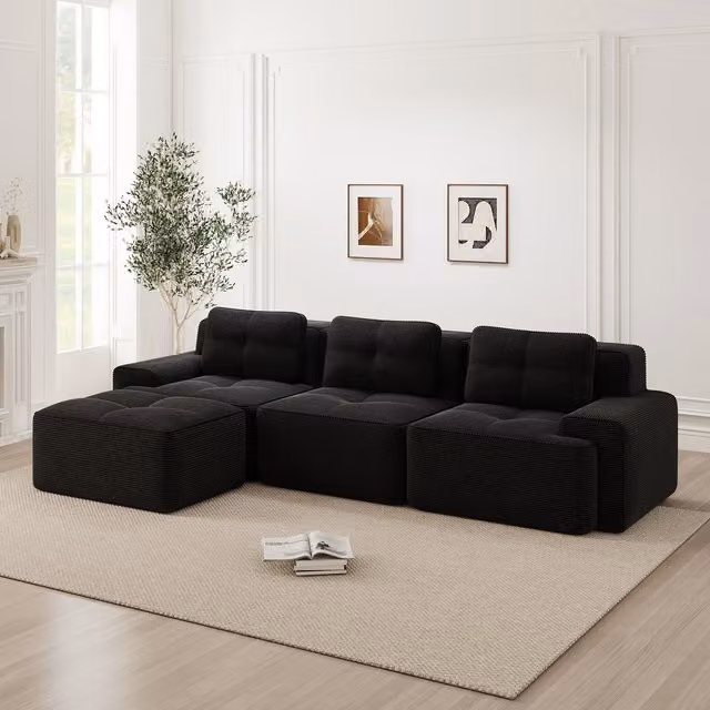 Sofá Modular Cloud de KELLANY en Pana Negro, Sofá de 3 Plazas en Forma de L con Otomana para tu Sala de Estar